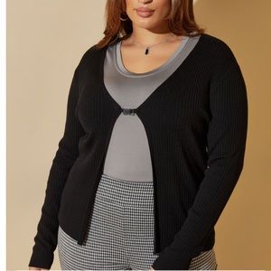 Plus ASHLEY STEWART Black Buckled Ribbed Cardigan Sweater 2X